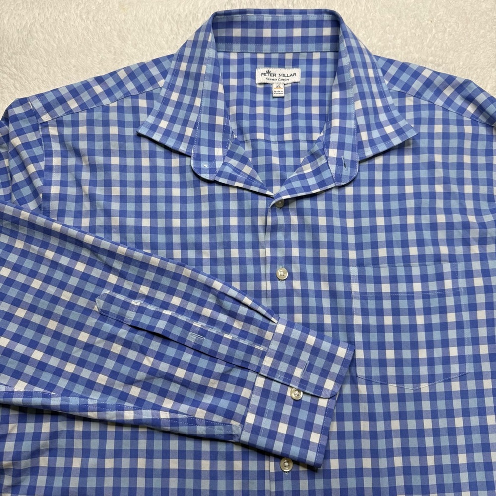 Peter Millar Summer‎ Comfort Men’s Button Down Blue Checkered L/S Shirt XL